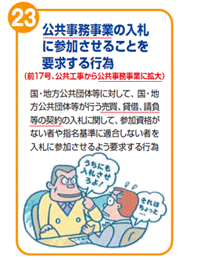 公共事務事業の入札に参加させることを要求する行為(前17号、公共工事から公共事務事業に拡大) 国・地方公共団体等に対して、国・地方公共団体等が行う売買、賃借、請負等の契約の入札に関して、参加資格がない者や指名基準に適合しない者を入札に参加させるよう要求する行為